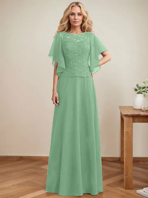 A-Linien Rundhals Illusions-Bodenlanges Spitzen-Chiffon Mutter-der-Braut-Kleid mit Pailletten
