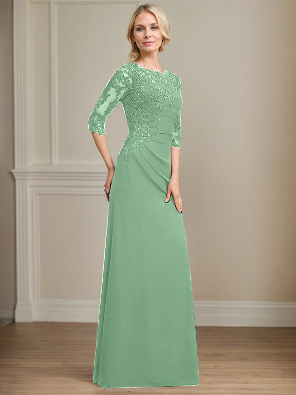 A-Linie Rundhals bodenlanges Chiffon Spitzen Brautmutterkleid mit Perlen Falten Pailletten