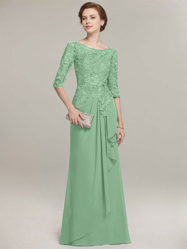 A-Linien Rundhalsausschnitt Illusions bodenlanges Spitzen-Chiffon Mutter der Braut Kleid mit kaskadierenden Rüschen
