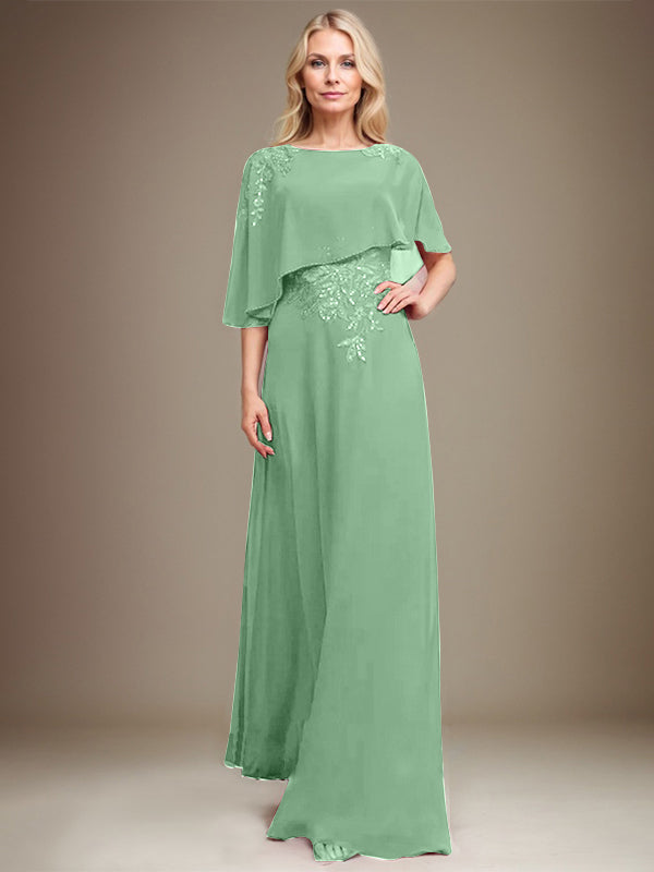 A-Linie Rundhals Bodenlanges Chiffon-Spitzenkleid für die Brautmutter mit Pailletten und Perlen