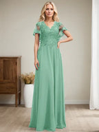A-Linien V-Ausschnitt Bodenlanges Spitzen-Chiffon Kleid für die Brautmutter mit Pailletten
