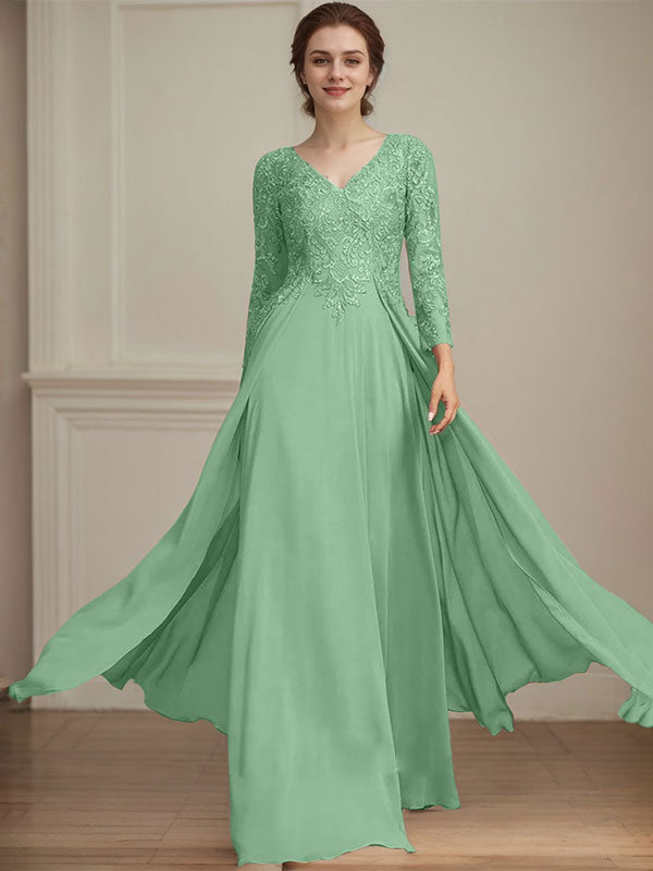 A-Linien V-Ausschnitt Bodenlanges Spitzen-Chiffon Kleid für die Brautmutter mit Pailletten