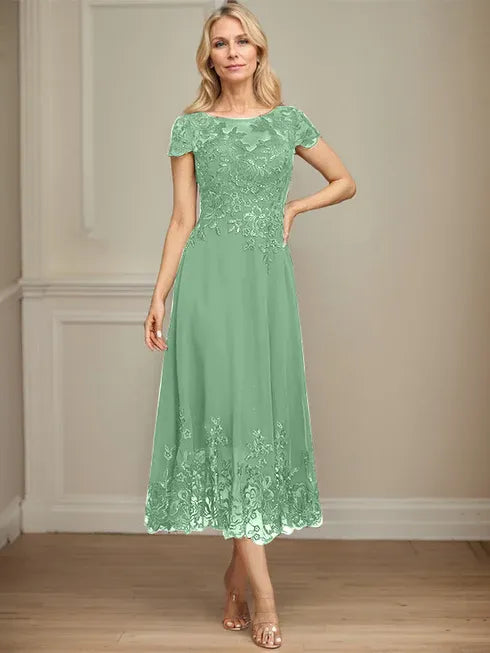 A-Linien Illusions Rundhals tea-langes Spitzenchiffon Mutter der Braut Kleid mit Pailletten