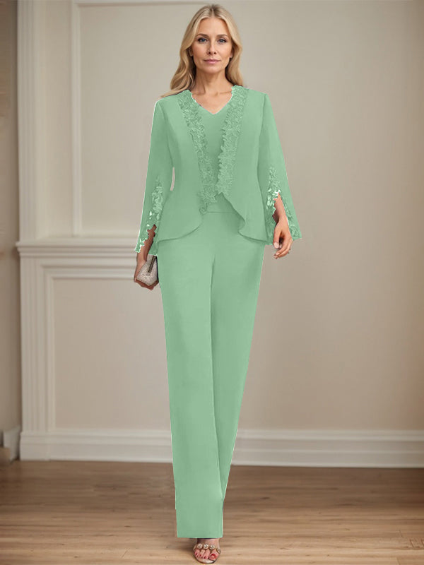 Zweiteiler Jumpsuit/Hosenanzug V-Ausschnitt bodenlanges Chiffon Mutter der Braut Kleid
