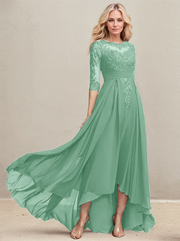 A-Linien Ausschnitt Illusions Asymmetrisches Spitzen-Chiffon Kleid für die Mutter der Braut mit plissierten Pailletten