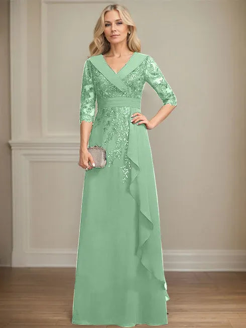 A-Linien Kleid mit Kragen, V-Ausschnitt, bodenlang, aus Spitze und Chiffon, Mutter der Braut Kleid mit Pailletten und fallenden Rüschen