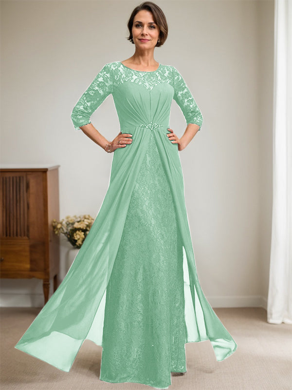 A-Linien Rundhalsausschnitt Illusions-Bodenlanges Spitzen-Chiffonkleid für die Brautmutter mit Perlen und Volants