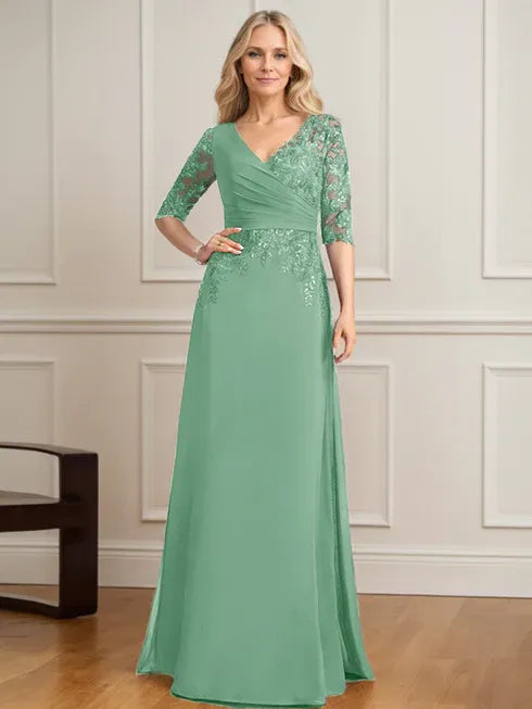 A-Linien V-Ausschnitt bodenlanges Spitzen-Chiffon Kleid der Brautmutter mit plissierten Pailletten