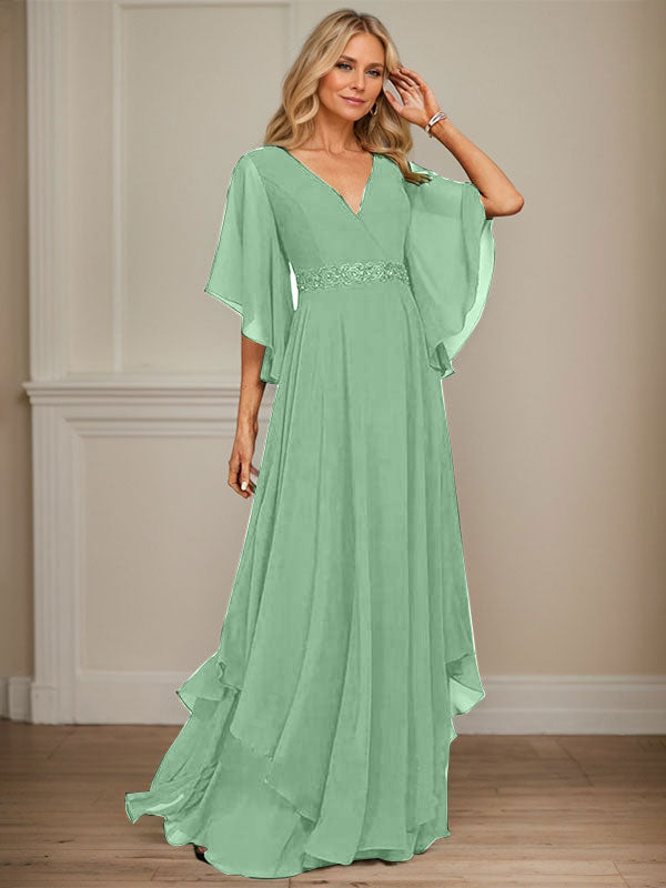 A-Linien V-Ausschnitt bodenlanges Chiffon-Mutter-der-Braut-Kleid mit Pailletten-Applikationen, Spitze und Perlen