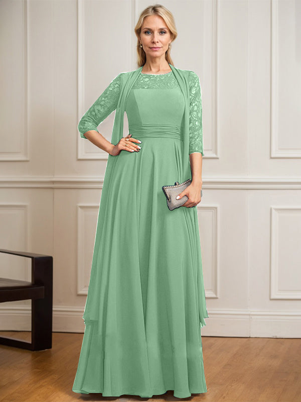 A-Linien Kleid mit Rundhalsausschnitt, Illusion, bodenlang aus Spitze und Chiffon, Mutter-der-Braut-Kleid mit Faltenwurf