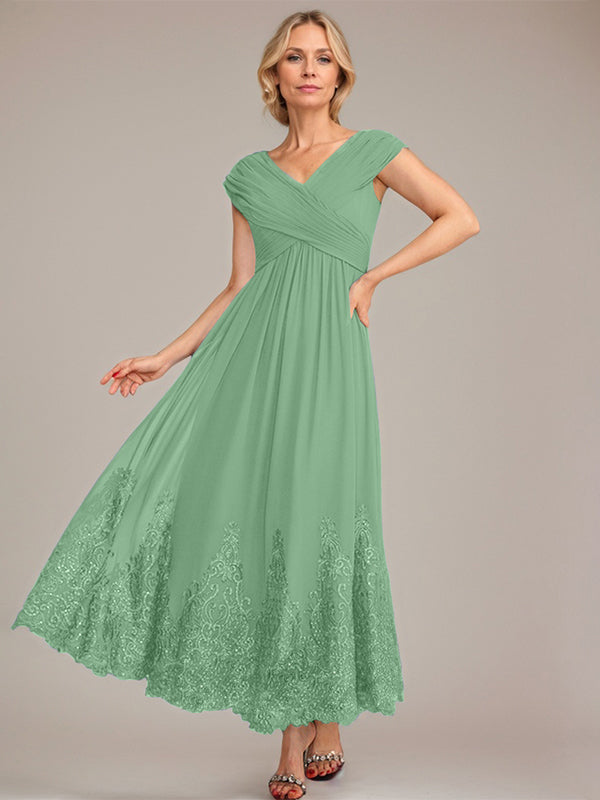 A-Linien V-Ausschnitt Knöchellanges Chiffon Kleid der Brautmutter mit Applikationen und Pailletten