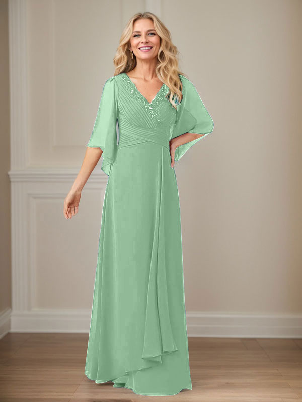 A-Linien V-Ausschnitt langes Pailletten-Chiffon Mutterkleid