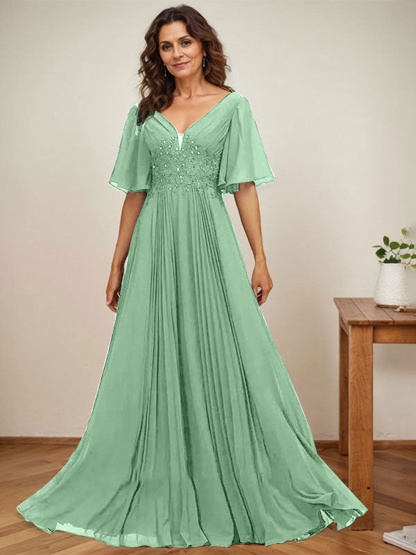 A-Linien V-Ausschnitt bodenlanges Chiffon Mutterkleid der Braut mit Pailletten-Applikationen, Spitze und Falten
