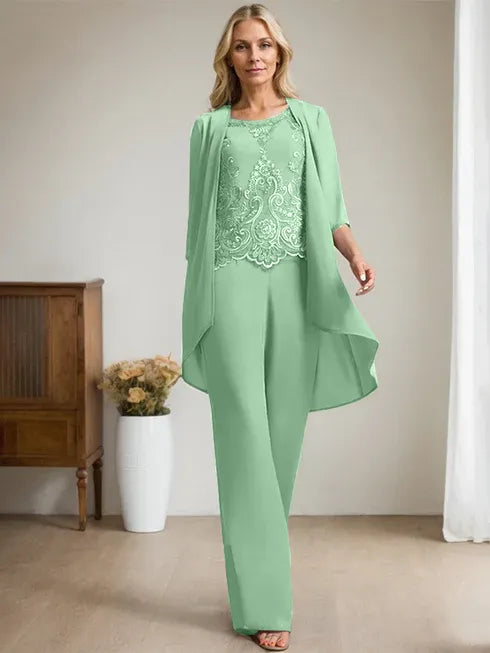 Zweiteiler Jumpsuit/Hosenanzug mit Rundhalsausschnitt, bodenlanges Chiffon-Spitzenkleid für die Mutter der Braut mit Perlen und Pailletten