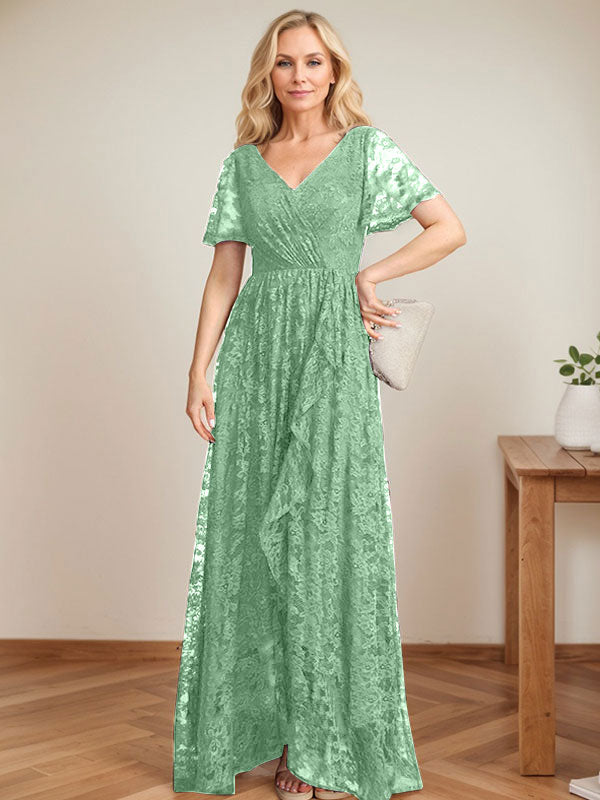 A-Linien Spitzen-Mutter-der-Braut-Kleid mit V-Ausschnitt, asymmetrisch und mit kaskadierenden Rüschen