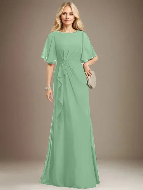 A-Linien Rundhals bodenlanges Chiffon Mutter der Braut Kleid mit kaskadierenden Rüschen Perlen Pailletten