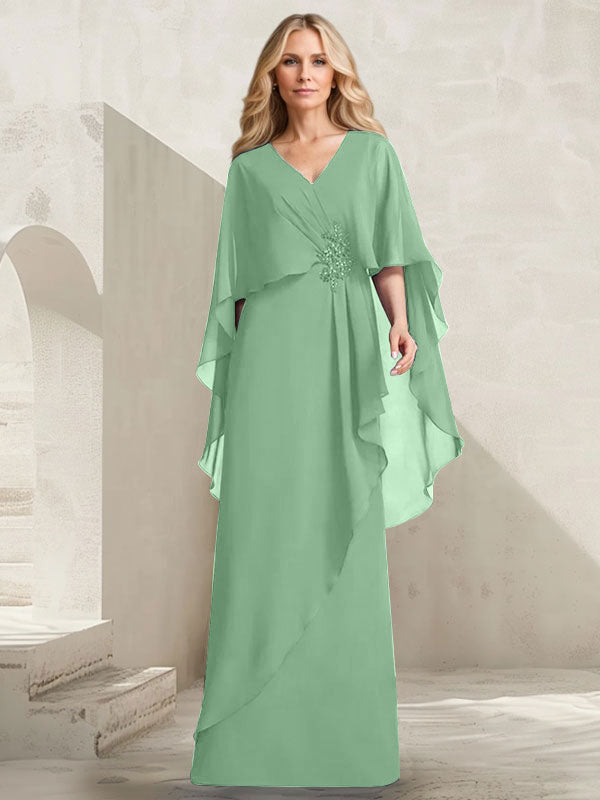Robe mère de la mariée longue en chiffon coupe trapèze à col en V avec volants en cascade et perles