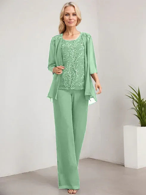 Zweiteiler Jumpsuit/Hosenanzug U-Ausschnitt bodenlanges Spitzen Chiffon Mutter der Braut Kleid mit Pailletten