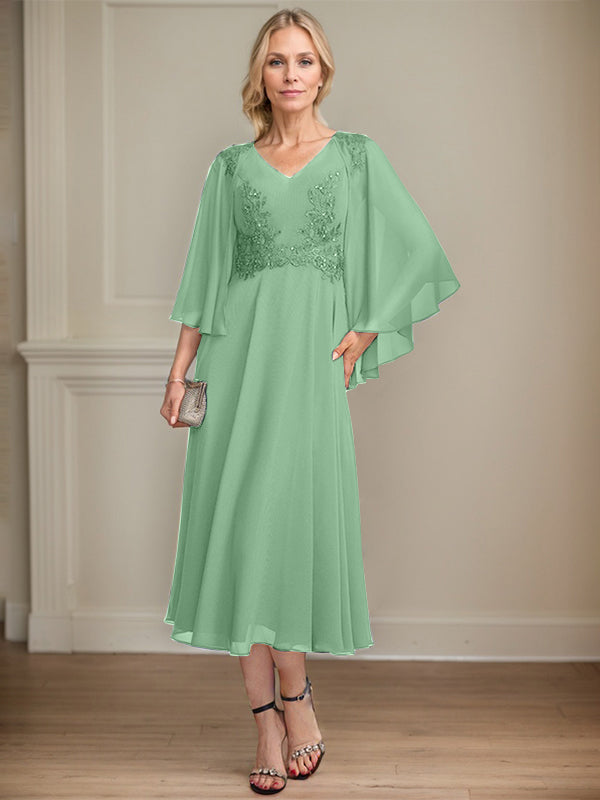 A-Linien-Brautmutterkleid aus Chiffon, V-Ausschnitt, tea-length mit Spitze, Pailletten und Perlen