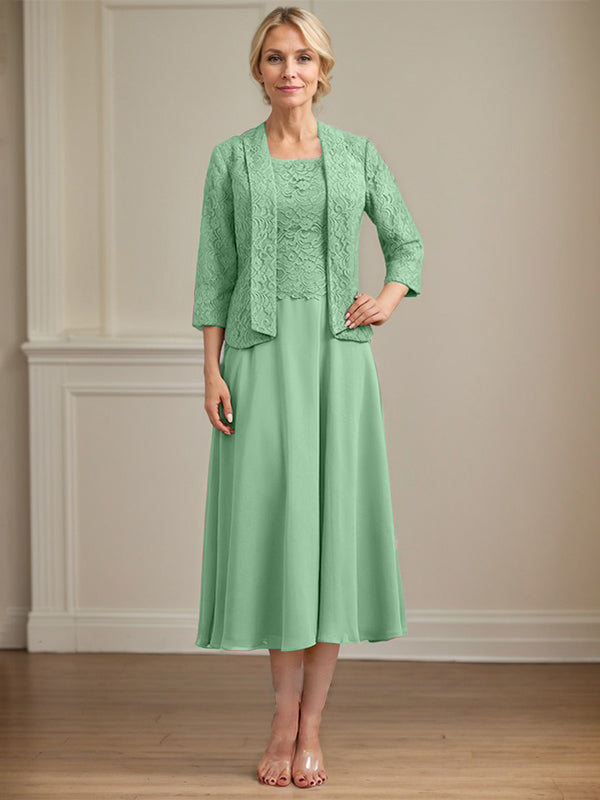 A-Linien Kleid mit Rundhalsausschnitt, tea-länge, Spitze und Chiffon, Mutter der Braut Kleid