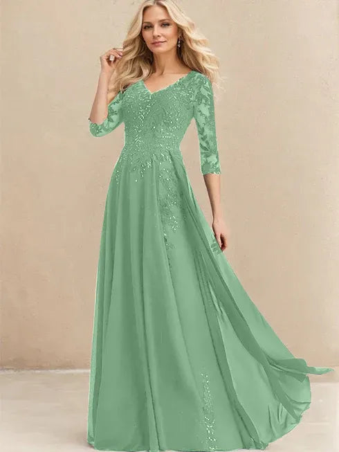 A-Linien V-Ausschnitt Bodenlanges Spitzen-Chiffon Kleid für die Brautmutter mit Pailletten