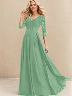 A-Linien V-Ausschnitt Bodenlanges Spitzen-Chiffon Kleid für die Brautmutter mit Pailletten