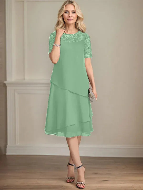 A-Linien Rundhals Illusions-Knie-Länge Spitzen-Chiffon Kleid für die Brautmutter mit Pailletten