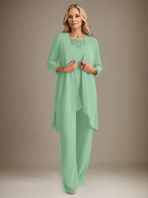 Chiffon Kleid mit Rundhalsausschnitt und langen Ärmeln, Mutter-der-Braut Hosenanzug mit Jacke