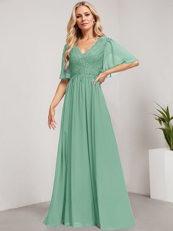Robe mère de la mariée ligne A col en V longue en dentelle et chiffon avec sequins