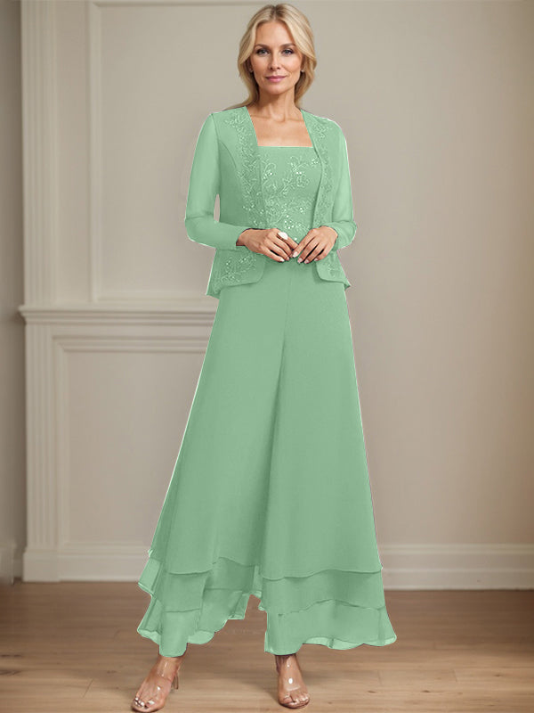 Zweiteiler Jumpsuit/Hosenanzug quadratisch knöchellang Spitze Chiffon Brautmutterkleid mit Pailletten