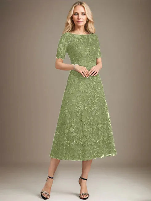 A-Linien Rundhals Illusions-Tea-Length Spitzenkleid der Brautmutter mit Pailletten