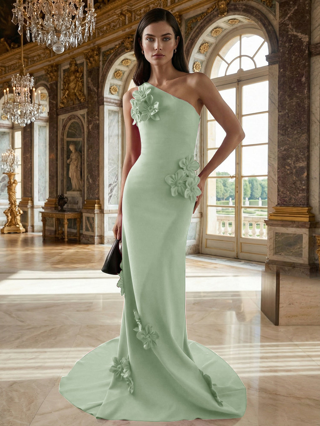 Vestido en línea A de crepé elástico sin mangas y con un solo hombro hasta el suelo con flores 3D
