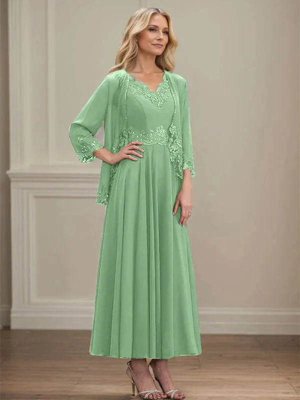 A-Linien Kleid mit V-Ausschnitt, knöchellang, aus Chiffon, Mutter der Braut Kleid mit Pailletten, Applikationen, Spitze und Perlenbesatz