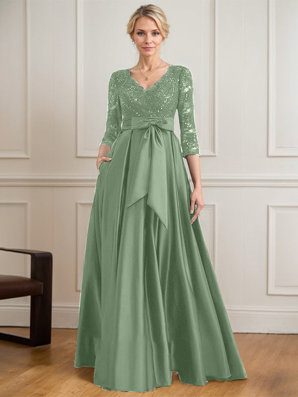 Robe mère de la mariée en satin et dentelle, coupe trapèze, col en V, longue avec nœud à sequins