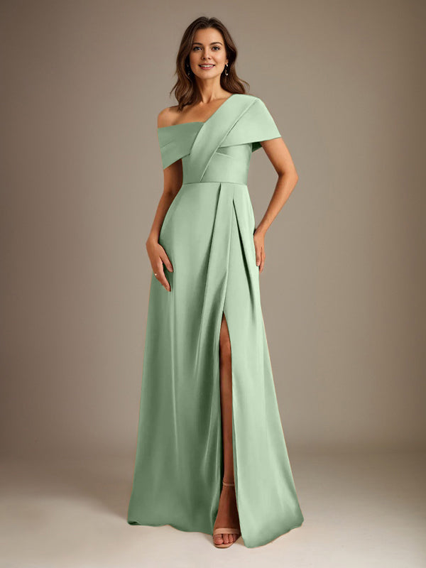 A-Linien asymmetrischer Ausschnitt bodenlanges Satin-Brautkleid für die Brautmutter mit Falten