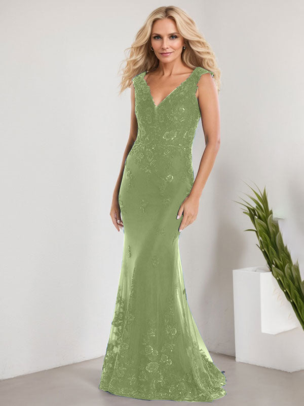A-Linien V-Ausschnitt bodenlanges Spitzen-Chiffon Kleid für die Brautmutter mit Applikationen und Pailletten Meerjungfrauenkleid
