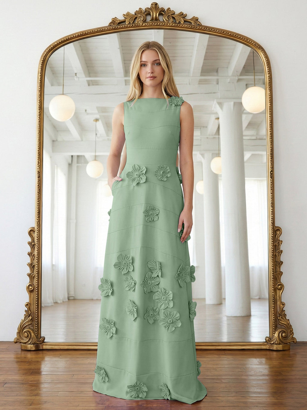 Lavendelfarbenes formelles Kleid mit U-Boot-Ausschnitt und herabfließenden 3D-Blumen