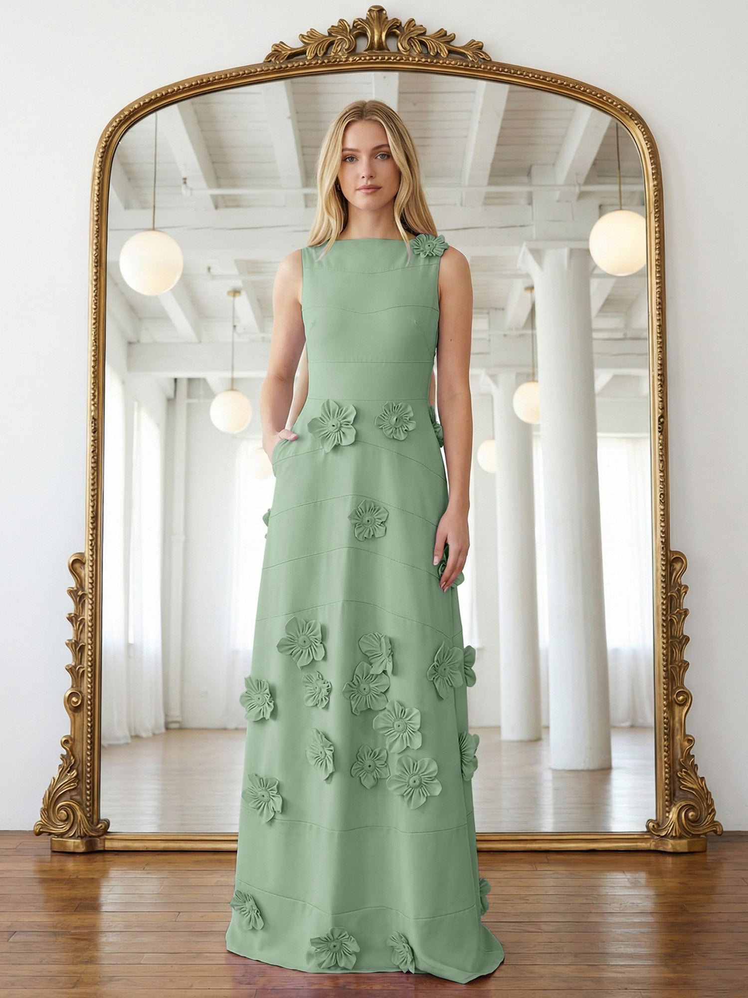 Lavendelfarbenes formelles Kleid mit U-Boot-Ausschnitt und herabfließenden 3D-Blumen