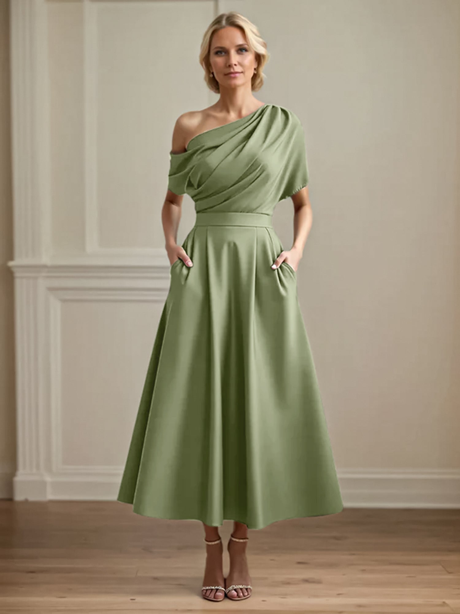 A Line Satin One Shoulder Pleated Ankle Length Mother of the Bride Dress