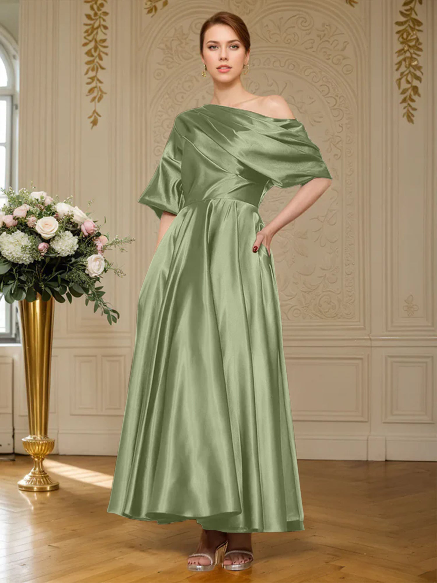 A-Linien Kurzarm plissiertes knöchellanges seidenähnliches Satin Kleid für die Brautmutter