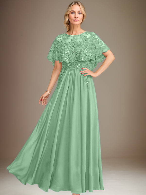A-Linien Spitzen-Chiffon-Mutter-der-Braut-Kleid mit Bootsausschnitt, bodenlang und Applikations-Pailletten