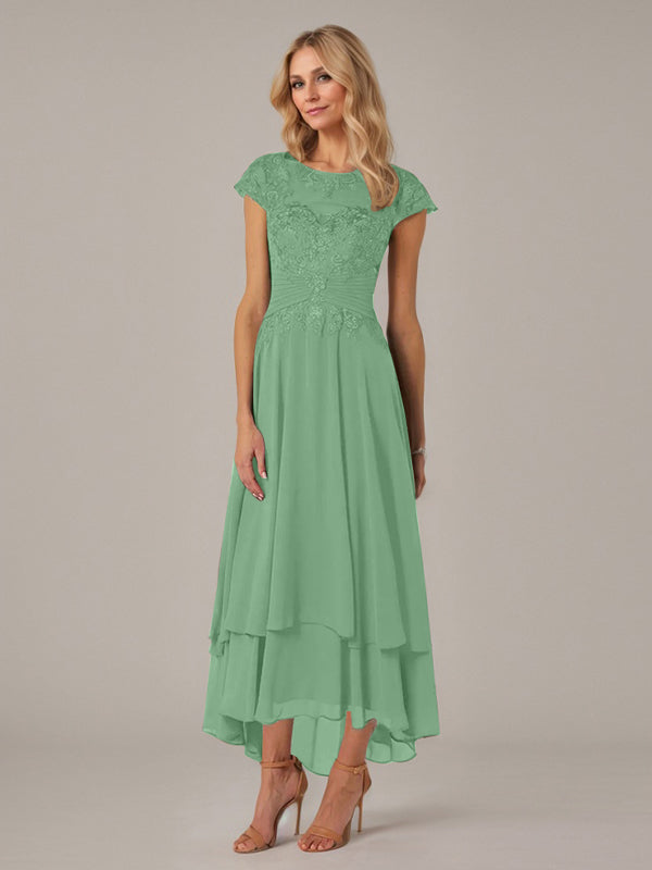 A-Linien Boot-Ausschnitt Illusions asymmetrisches Chiffon-Spitzen Mutterkleid der Braut mit Applikationsfalten