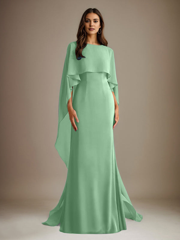 Etuikleid/Säulenkleid Bootsausschnitt bodenlanges Chiffon Mutter-des-Braut-Kleid mit kaskadierenden Rüschen