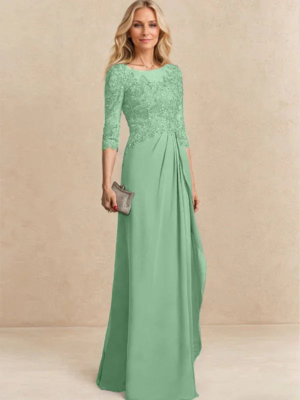 Vestido para la madre de la novia línea A con escote redondo ilusión, largo hasta el suelo, de gasa y encaje con cuentas, lentejuelas y volantes en cascada