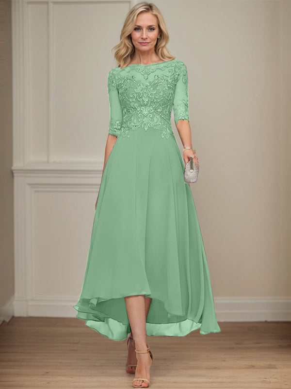 A-Linien Bootsausschnitt Illusionskleid mit asymmetrischem Chiffon-Spitzenstoff, Mutter-der-Braut-Kleid mit Paillettenperlen