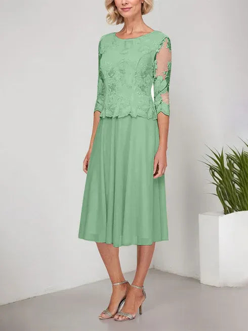 A-Linie Rundhals Tee-Länge Spitze Chiffon Mutter-der-Braut-Kleid mit Stickerei