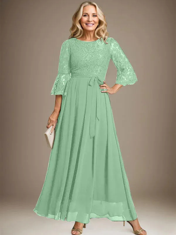 A-line Scoop Ankle-Length Lace Chiffon Mother of the Bride Dress With Bow