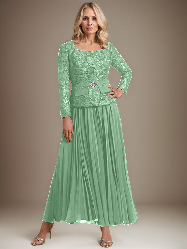 A-Linien-Kleid mit quadratischem Ausschnitt, knöchellang, Chiffon, Mutter der Braut, mit Falten