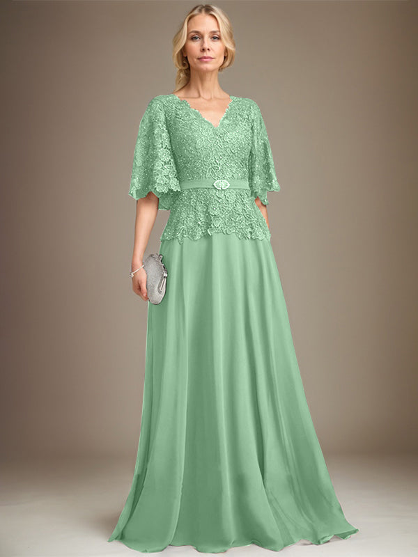 A-Linien V-Ausschnitt Bodenlanges Chiffon-Spitzen Mutter-der-Braut-Kleid mit Kristallbrosche und Strass