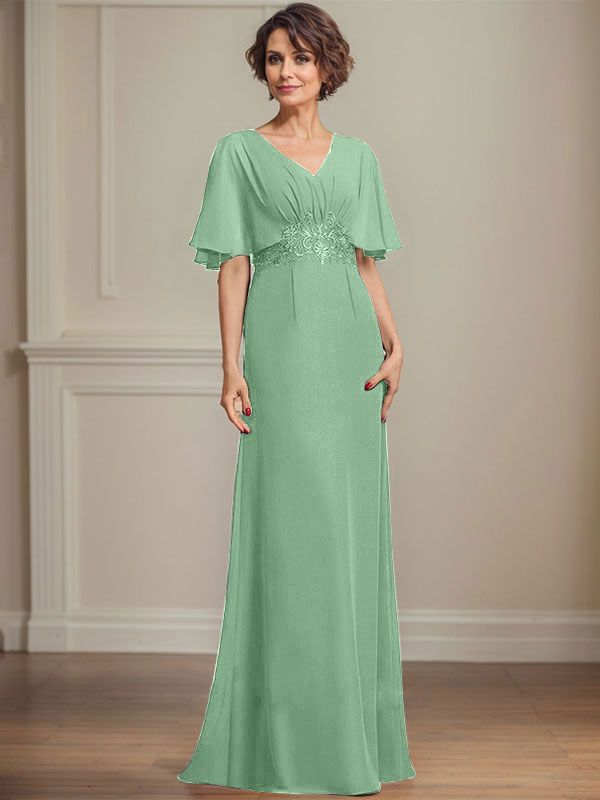 A-Linien Chiffon Mutter-der-Braut-Kleid mit V-Ausschnitt, bodenlang, mit plissierten Pailletten-Applikationen und Spitze